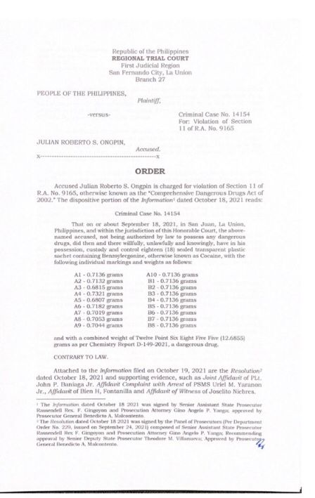 Decision of the La Union regional trial court in the drug case involving Julian Ongpin