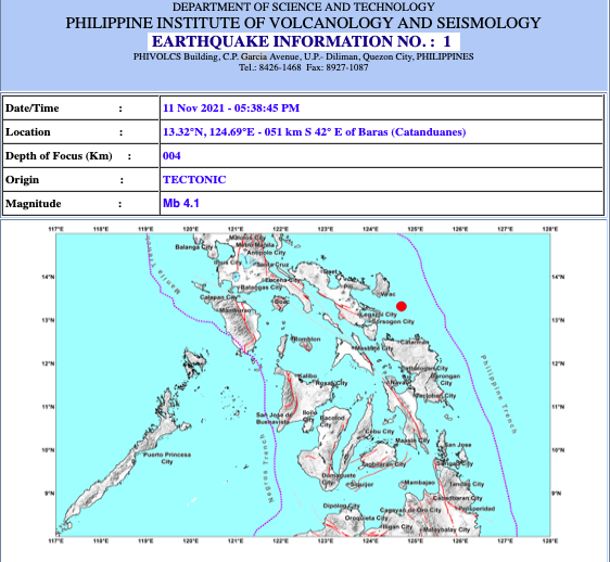 Magnitude 4.1 quake strikes Catanduanes earthquake