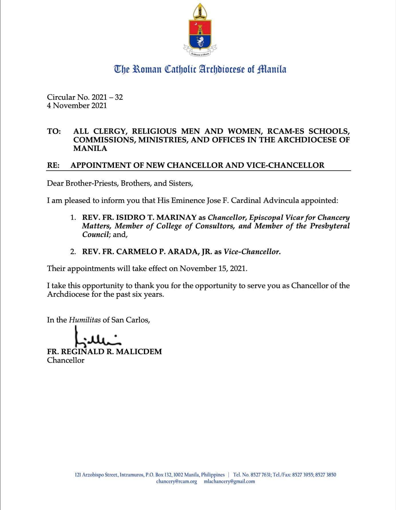 The Archdiocese of Manila on Thursday announced that it has named its new chancellor and vice chancellor.