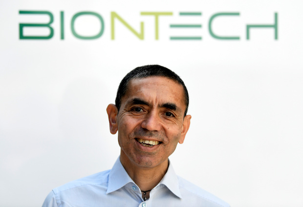 Ugur Sahin, CEO and co-founder of German biotech firm BioNTech, is interviewed by journalists in Marburg