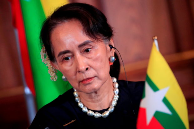 Myanmar's Aung San Suu Kyi attends the joint news conference of the Japan-Mekong Summit Meeting at the Akasaka Palace State Guest House in Tokyo, Japan October 9, 2018. Franck Robichon/Pool via Reuters