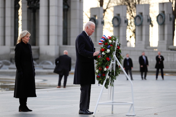 President Joe Biden visits World War Two Memorial on the National Mall in Washington