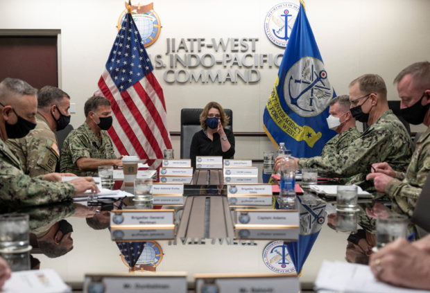 U.S. Deputy Secretary of Defense Dr. Kathleen Hicks participates in a Red Hill cross-level discussion with U.S. Indo-Pacific Command leadership and the Environmental Protection agency at USINDOPACOM Headquarters, Hawaii, December 14, 2021. U.S. Air Force Staff Sgt. Brittany A. Chase/Handout via REUTERS