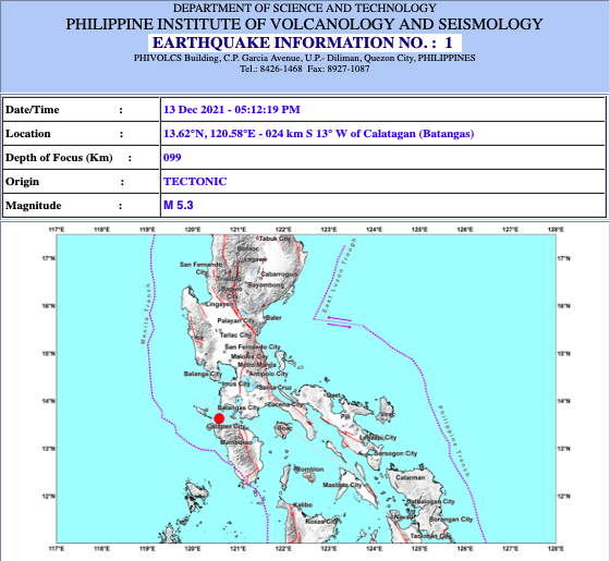 Magnitude 5.3 quake hits Calatagan in Batangas; expect aftershocks – Phivolcs