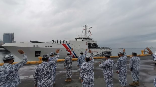 Caption -- The Philippine Coast Guard sends off BRP Gabriela Silang, its biggest ship, to bring aid to typhoon-hit areas in Visayas and Mindanao. PCG