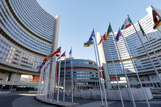 Flags are seen in front of the International Atomic Energy Agency (IAEA) headquarters, in Vienna