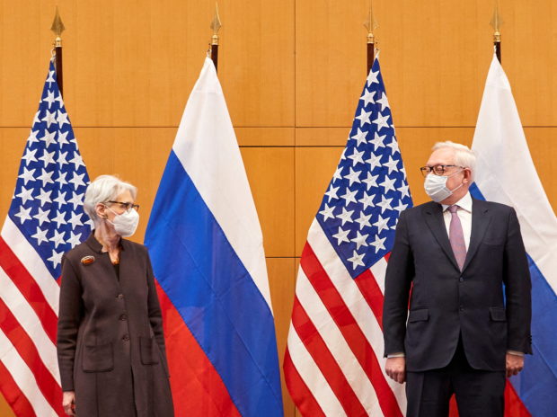 U.S. Deputy Secretary of State Wendy Sherman and Russian Deputy Foreign Minister Sergei Ryabkov attend security talks at the United States Mission in Geneva, Switzerland January 10, 2022. REUTERS/Denis Balibouse
