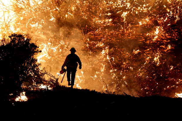 A firefighter works as the Caldor Fire burns in Grizzly Flats, California, U.S., August 22, 2021. REUTERS/Fred Greaves