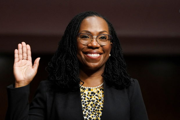 FILE PHOTO: Ketanji Brown Jackson, nominated to be a U.S. Circuit Judge for the District of Columbia Circuit, is sworn in to testify before a Senate Judiciary Committee hearing on pending judicial nominations on Capitol Hill in Washington, U.S., April 28, 2021. REUTERS/Kevin Lamarque/Pool/File Photo