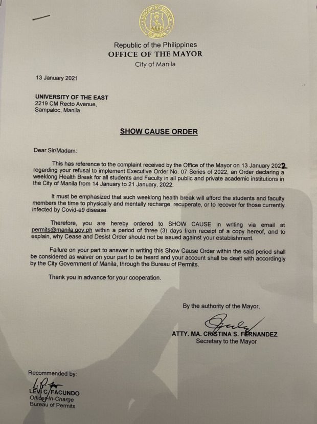 Isko Moreno to UE Manila: Explain noncompliance with 'health break' order