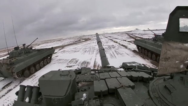 Tanks ride during joint exercises of the armed forces of Russia and Belarus as part of an inspection of the Union State's Response Force, at a firing range in Belarus, in this still image from a handout video released February 2, 2022. Russian Defence Ministry/Handout via REUTERS