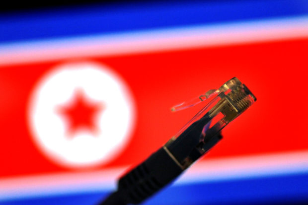 FILE PHOTO: A network LAN cable is seen against a North Korean flag in this illustration photo November 1, 2017. REUTERS/Thomas White/Illustration
