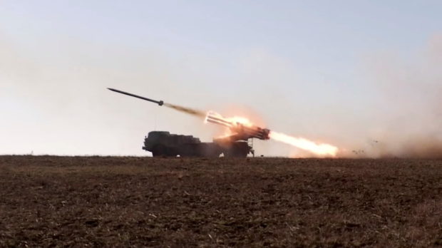 A Russian "Uragan" self-propelled multiple rocket launcher system launches a rocket during military exercises at the Opuk training area in Crimea, in this still image taken from a handout video released February 15, 2022. Russian Defence Ministry/Handout via REUTERS