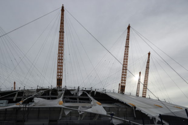 The white-domed roof of the O2 Arena is seen after it was damaged during Storm Eunice, in London, Britain, February 19, 2022. REUTERS/May James