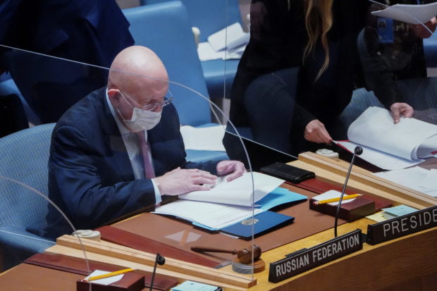 Russia's Ambassador to the United Nations Vassily Nebenzia attends a United Nations Security Council meeting, on a resolution regarding Russia's actions toward Ukraine, at the United Nations Headquarters in New York City, U.S., February 25, 2022. REUTERS/Carlo Allegri