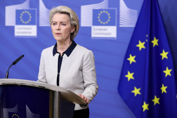 European Commission President Ursula von der Leyen speaks during a statement on Russia's attack on Ukraine, in Brussels, Belgium February 24, 2022 ahead of an EU special summit called today to "discuss the crisis and further restrictive measures" that "will impose massive and severe consequences on Russia for its actions". Kenzo Tribouillard/Pool via REUTERS