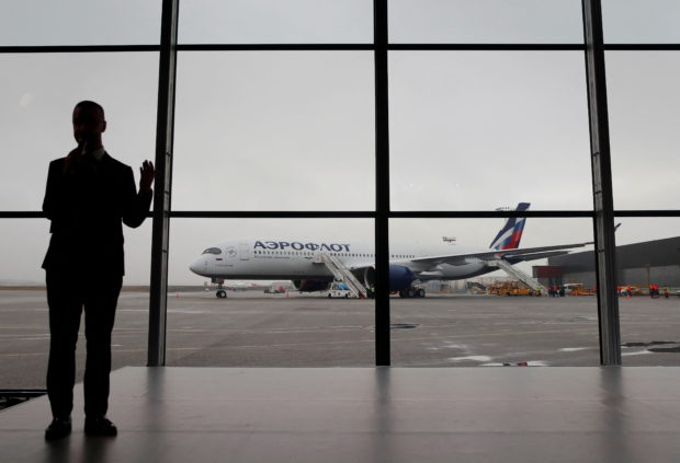 FILE PHOTO: A view shows the first Airbus A350-900 aircraft of Russia's flagship airline Aeroflot during a media presentation at Sheremetyevo International Airport outside Moscow, Russia March 4, 2020. REUTERS/Maxim Shemetov/File Photo
