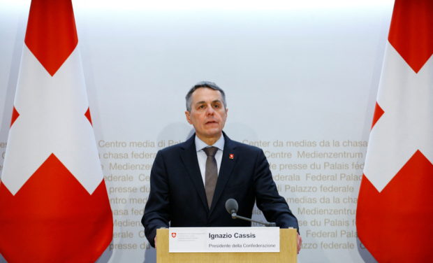 FILE PHOTO: Swiss President Ignazio Cassis addresses a news conference after a meeting of the Swiss government Bundesrat in Bern, Switzerland February 24, 2022. REUTERS/Arnd Wiegmann