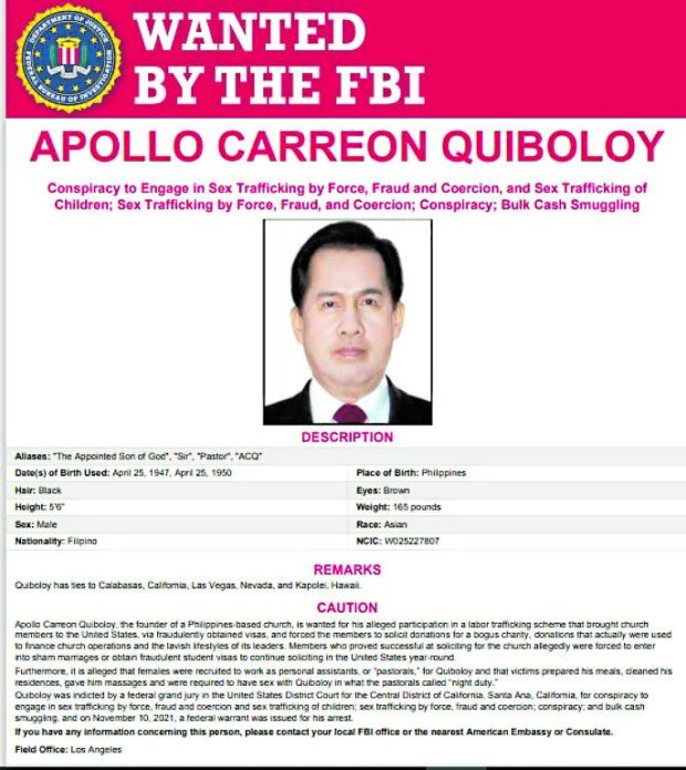 Photo for story: Apollo Quiboloy on FBI’s ‘most wanted’ list