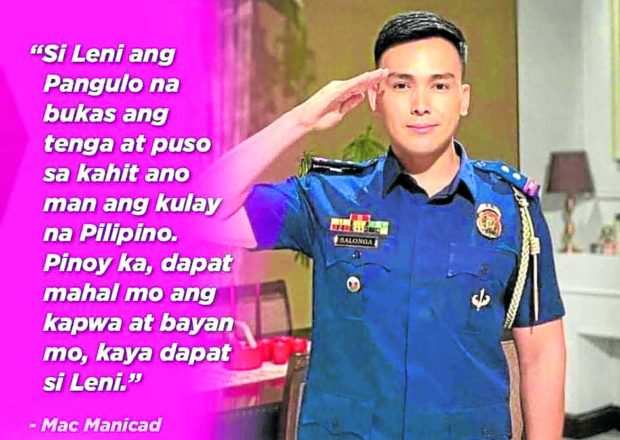 Photo of actor Mark Manicad in police uniform endorsing Leni Robredo, for story: Don’t use us for poll propaganda, PNP tells bets