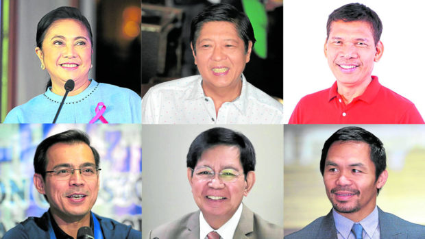 Presidential bets Robredo, Marcos, De Guzman, Moreno, Lacson, and Pacquiao. STORY: Presidential campaign: Week 10