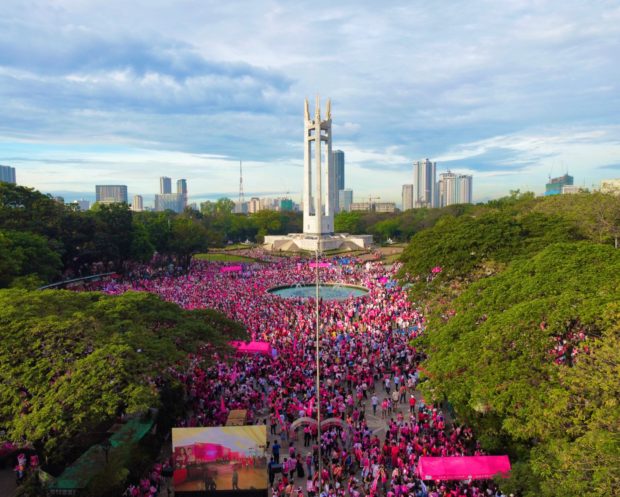 At 8AM, the Quezon City Memorial Circle was already a teeming pink sea of Robredo supporters, based on this drone shot by Jonas Sergio. 