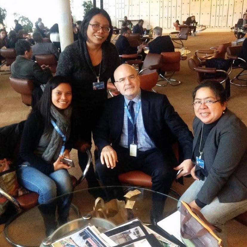 From the left: Michelle Campos, Karapatan Secretary General Cristina Palabay and Maria Natividad Castro (far right) with former UN Special Rapporteur on the Situation of Human Rights Defenders Michel Forst. PHOTO COURTESY OF KARAPATAN