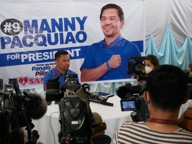 Senator Manny Pacquiao, presidential candidate for the 2022 elections, speaks in one of his sorties in Rizal. 