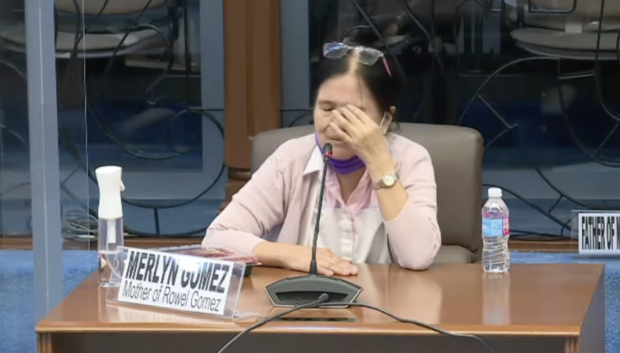 Merlyn Gomez, the mother of Rowel Gomez, during a hearing of the Senate public order and dangerous drugs committee on Thursday, Feb. 24, 2022. Senate screengrab