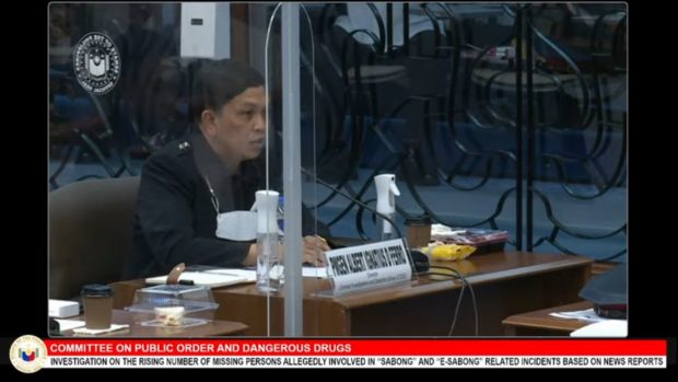 PNP-CIDG Director General Albert Ferro speaks during the hearing of the Senate committee on public order and dangerous drugs in the case of the missing cockfight aficionados. Screengrab from Senate livestream.