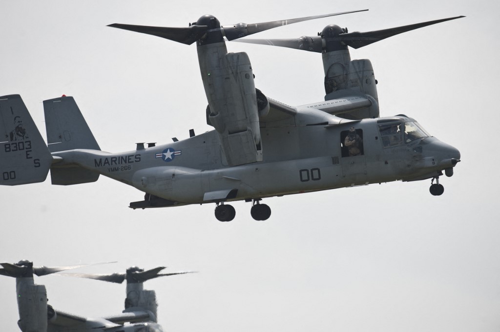(FILES) In this file photo taken on May 26, 2015 A MV-22B Osprey aircraft is operated during the "Platinum Eagle 15" military exercise at training facilities in Babadag, Romania. - A US Osprey aircraft "was reported missing at 18:26 (1726 GMT) south of Bodo" in northern Norway in bad weather, the regional emergency services (HRS) said in a statement on March 19, 2022. (Photo by Daniel MIHAILESCU / AFP) Accident crash