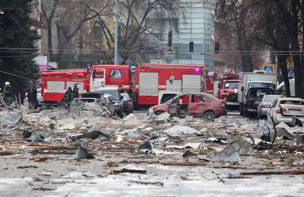 Shelling damage in Kharkiv, FOR STORY: Russia warns Kyiv, steps up shelling of urban areas in Ukraine