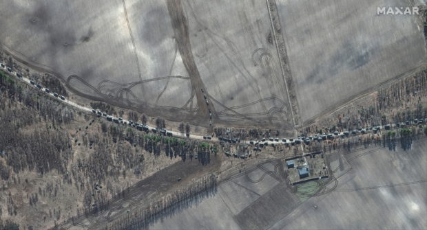A satellite image shows southern end of convoy armour towed artillery trucks, east of Antonov airport, Ukraine, February 28, 2022. Satellite image ©2022 Maxar Technologies/Handout via REUTERS