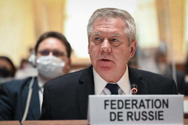 FILE PHOTO: Russian ambassador Gennady Gatilov speaks at the opening of a session of the UN Human Rights Council, following the Russian invasion in Ukraine, in Geneva, Switzerland February 28, 2022. Fabrice Coffrini/Pool via REUTERS/File Photo