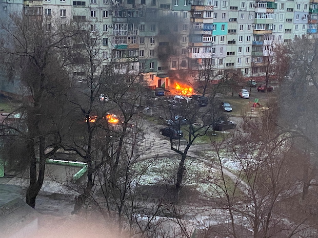 Fire is seen in Mariupol at residential area after shelling, FOR STORY: Civilians stranded as Mariupol evacuation fails again