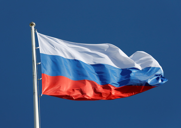 A view shows the state flag of Russia. STORY: Russia will nationalize assets of firms that leave - ruling party