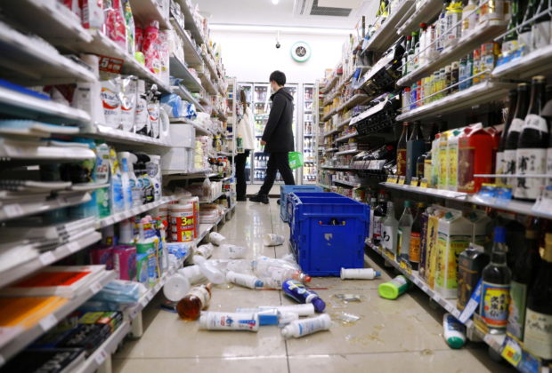 Scattered goods caused by an earthquake are seen at a convenience store in Sendai, Miyagi prefecture, Japan March 17, 2022, in this photo taken by Kyodo. Mandatory credit Kyodo/via REUTERS
