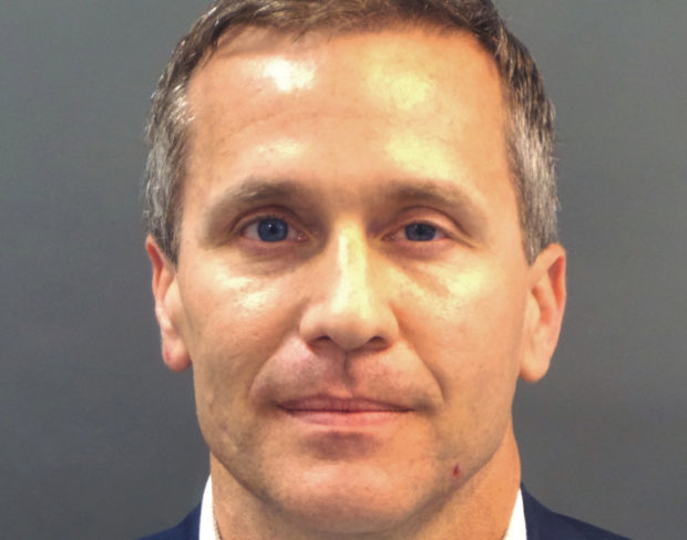 FILE PHOTO: Missouri Governor Eric Greitens appears in a police booking photo in St. Louis, Missouri, U.S. February 22, 2018.  St. Louis Metropolitan Police Dept./Handout via REUTERS