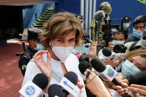 FILE PHOTO: Cristiana Chamorro talks to the media outside the Interior Ministry, where she was notified of an investigation against her due to inconsistencies in the financial reports of the Violeta Barrios de Chamorro Foundation, in Managua, Nicaragua May 20, 2021. REUTERS/Carlos Herrera/File Photo