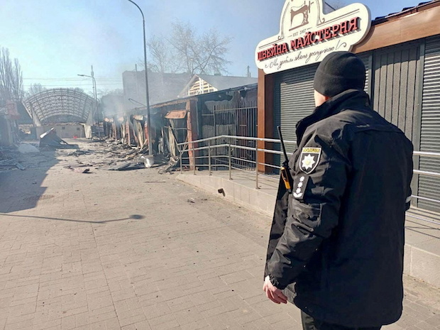 A view shows market buildings damaged by shelling in Chernihiv. STORY: Kids among 44 severely wounded in Ukraine's Chernihiv