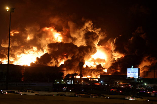 A view of a fire at Saudi Aramco's petroleum storage facility, after an attack, in Jeddah, Saudi Arabia March 25, 2022. REUTERS/Stringer