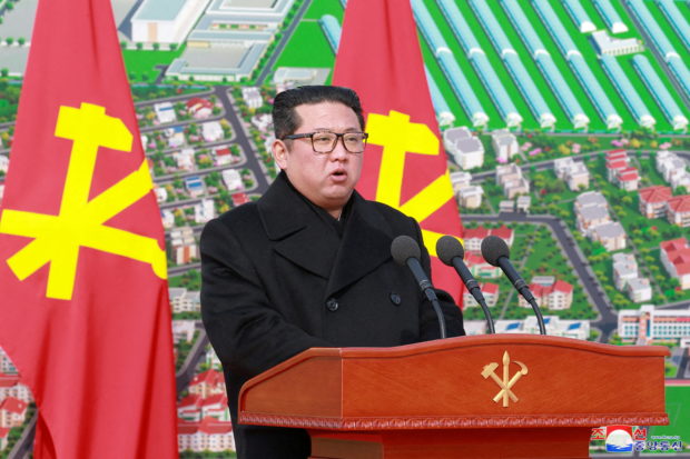 North Korean leader Kim Jong Un speaks during the ground-breaking ceremony for construction of Ryonpho Greenhouse Farm Held in Ryonpho area of Hamju County, South Hamgyong Province of the DPRK, North Korea in this photo released on February 18, 2022 by North Korea's Korean Central News Agency (KCNA). KCNA via REUTERS