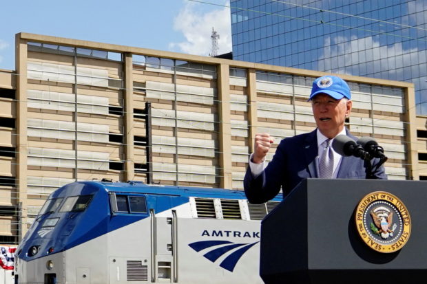 FILE PHOTO: U.S. President Joe Biden delivers remarks at an event marking Amtrak's 50th Anniversary, at the 30th Street Station in Philadelphia, Pennsylvania, U.S., April 30, 2021. REUTERS/Erin Scott/File Photo