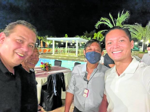 Cebu Rep. Duke Frasco (right) took this “groufie” with presidential candidate Ferdinand Marcos Jr. (in mask), House Minority Leader Martin Romualdez (left) and Palawan political magnate Antonio Alvarez (partly hidden)