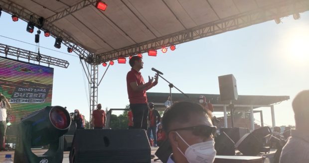 Presidential candidate Ferdinand Marcos Jr. addresses a crowd during a grand rally Thursday in Iba, Zambales. Photo by Joanna Rose Aglibot