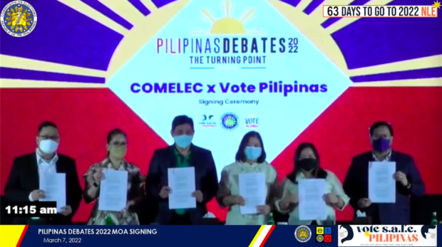 Photo: The Commission on Elections and Vote Pilipinas signed a memorandum of agreement on March 7 in Pasay City to stage the Pilipinas Debates. (Screengrab from Comelec’s Facebook page)