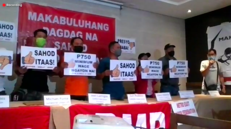Bukluran ng Manggagawang Pilipino calls for a P750 minimum wage hike across the country on Mar. 14. Screengrab from BMP's virtual press conference.