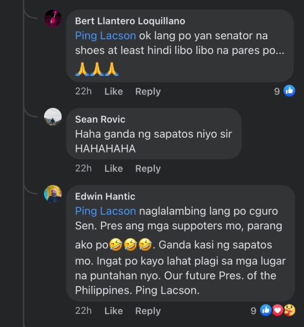 Commenters complimented Senator Panfilo Lacson's shoes on FB