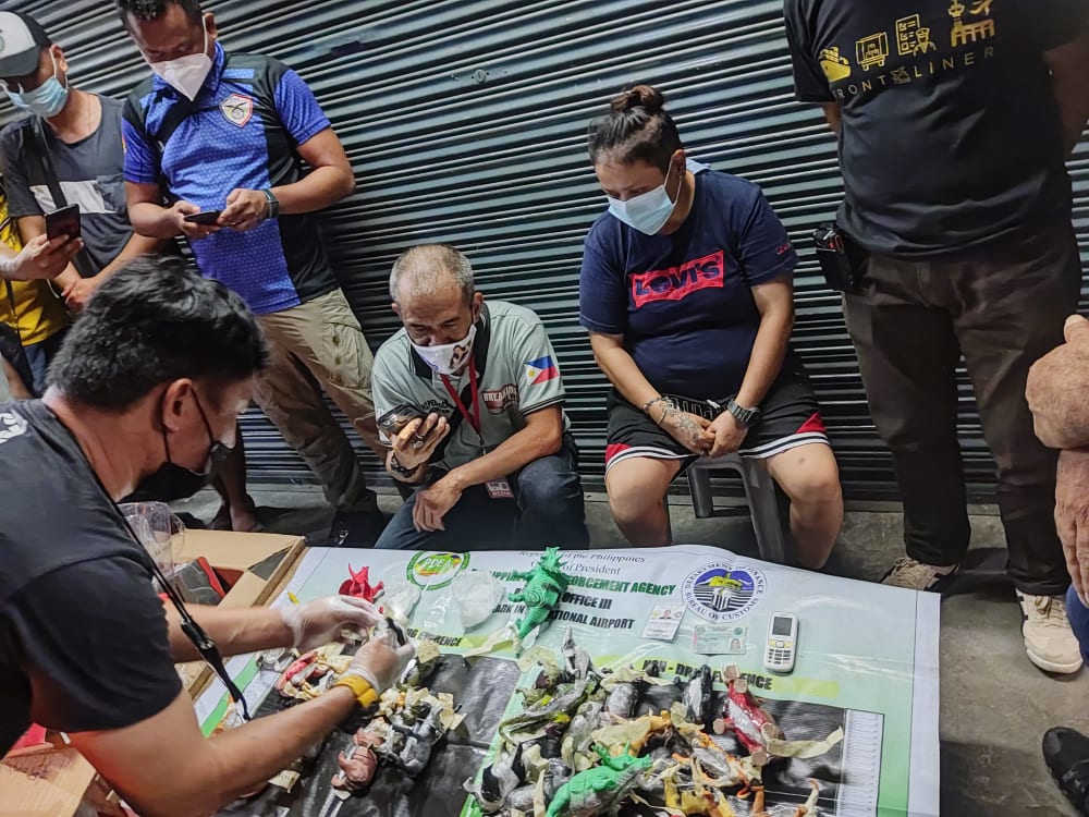 Authorities inspect the plastic packs containing alleged "shabu '' (crystal meth) that were placed in a package that was declared as kids' toys and arrived at Clark International Airport 