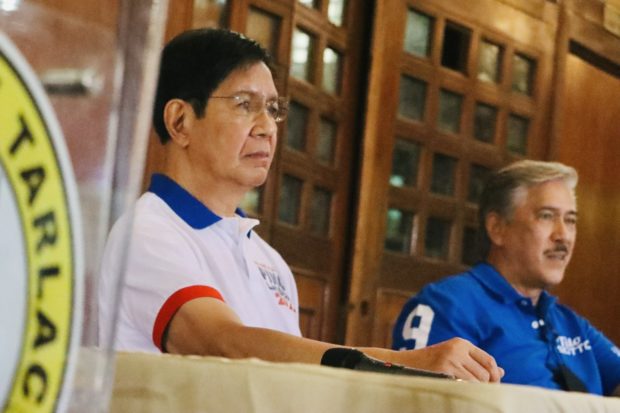 Senate Panfilo Lacson and Senate President Vicente Sotto III speak with reporters in a press conference in Tarlac City on Monday, April 25, 2022. Photo from Lacson-Sotto media bureai